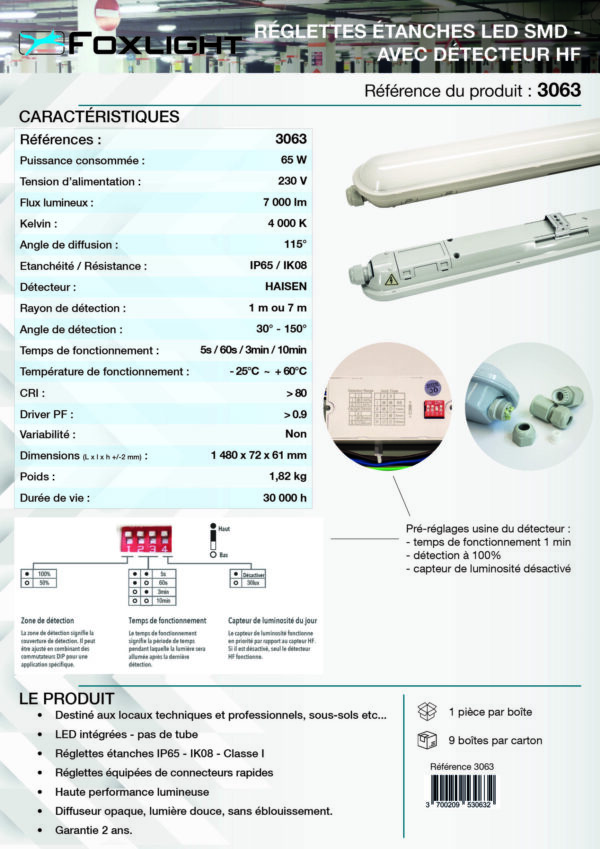 Réglette étanche LED SMD 65W - 1,50m - 7000Lm - 4000k - IP65 - Détection – Image 2